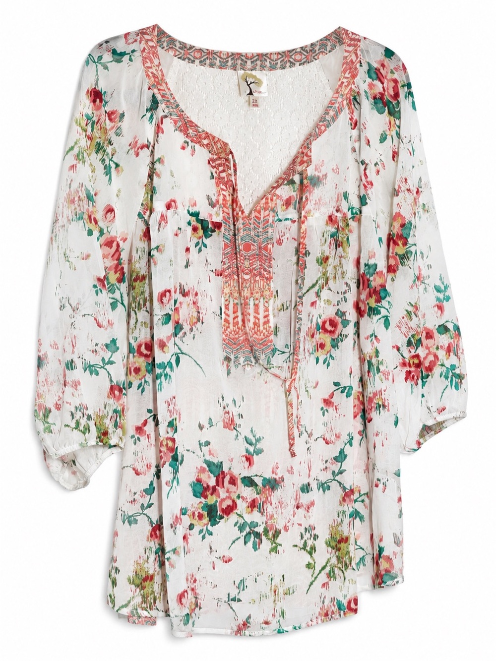 fig and flower White Floral Peasant Tunic with Coral Trim Boho